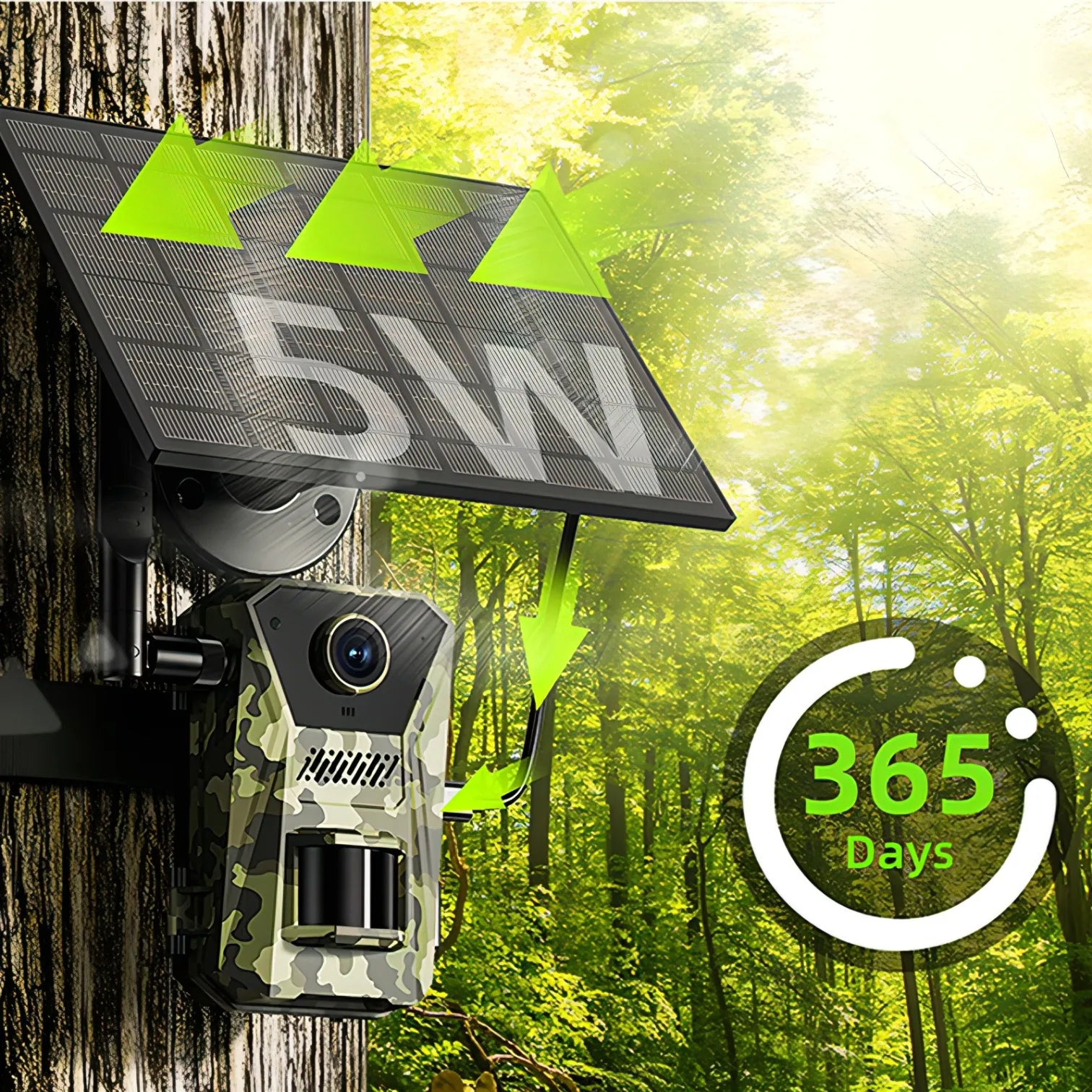 Solar-powered Optinexo OWL-X Trail Camera trap with a 5W solar panel and 365-day indicator in a forest setting.