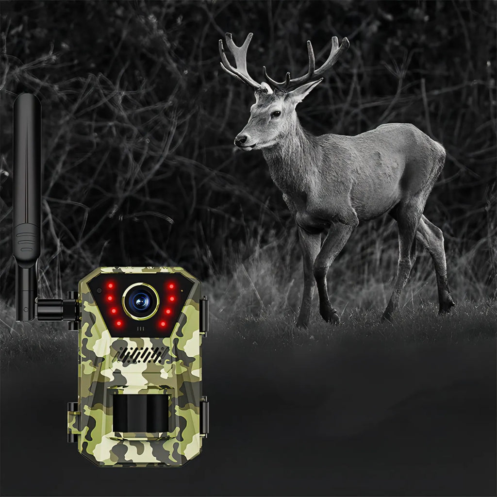 Optinexo OWL-X Trail Camera with a deer in the background