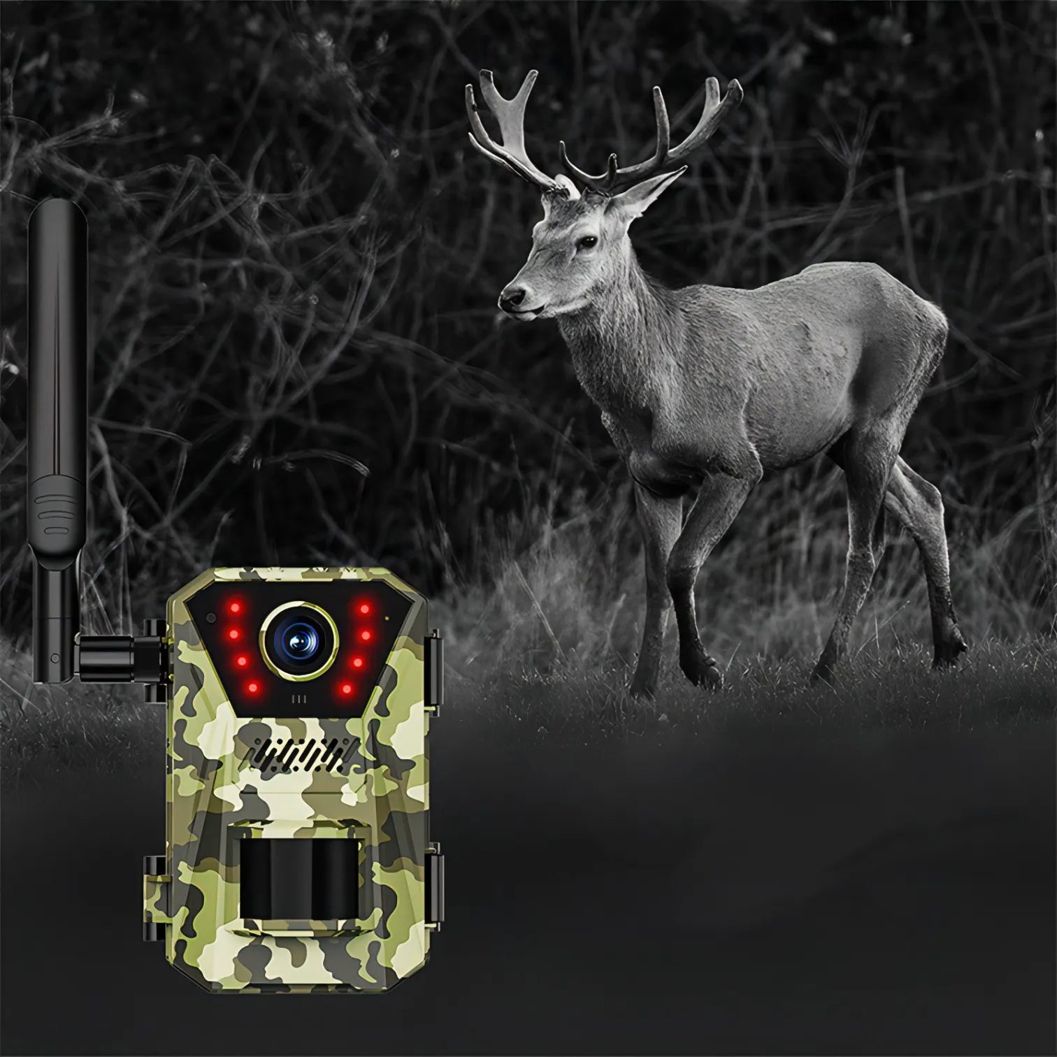 Optinexo OWL-X Trail Camera with a deer in the background