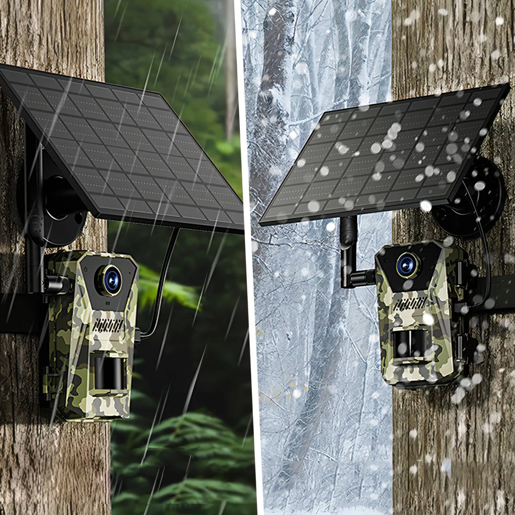 Two outdoor Optinexo OWL-X Trail Camera with solar panels in rain and snow conditions.
