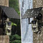Two outdoor Optinexo OWL-X Trail Camera with solar panels in rain and snow conditions.