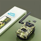 Optinexo OWL-X Trail Camera patterned wildlife camera with smartphone, cloud icon, and memory card on a green surface