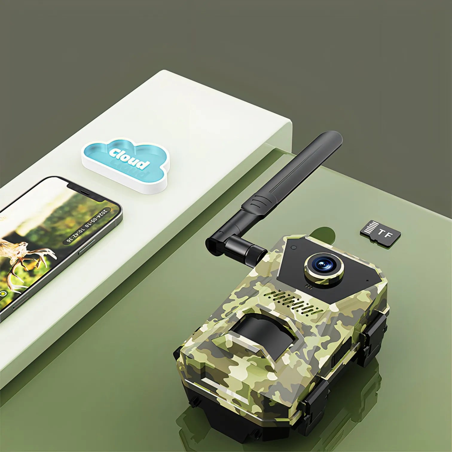 Optinexo OWL-X Trail Camera patterned wildlife camera with smartphone, cloud icon, and memory card on a green surface