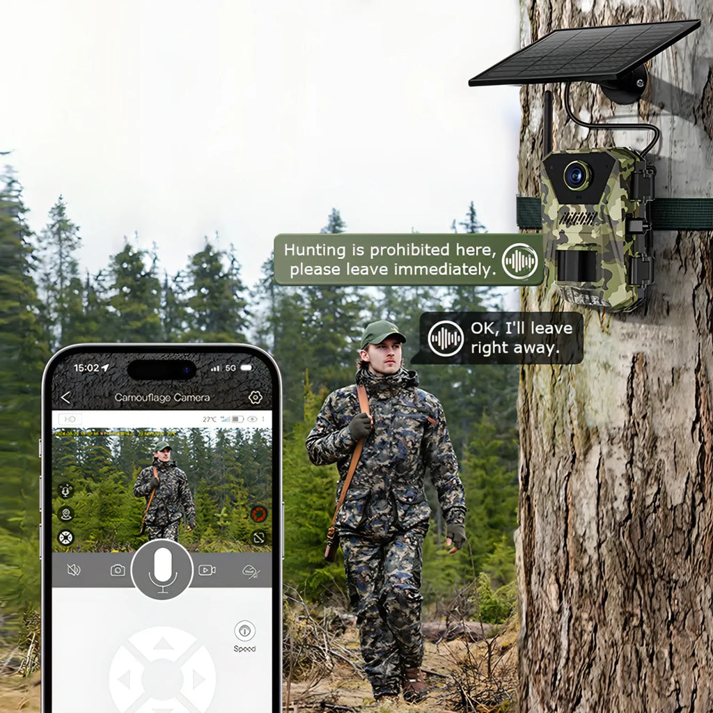 Hunting Optinexo OWL-X Trail Camera on a tree with smartphone app interface and person in camouflage gear in forest.