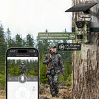 Hunting Optinexo OWL-X Trail Camera on a tree with smartphone app interface and person in camouflage gear in forest.