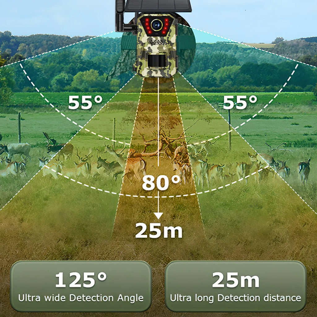 Hunting Optinexo OWL-X Trail Camera with detection angles and distance shown in a field setting