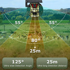 Hunting Optinexo OWL-X Trail Camera with detection angles and distance shown in a field setting