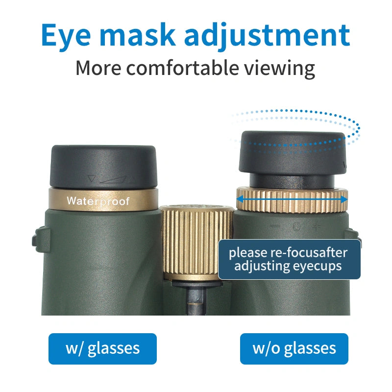 Optinexo Ultra Binoculars with adjustable eye cups labeled for wearing glasses and without glasses on a white background.