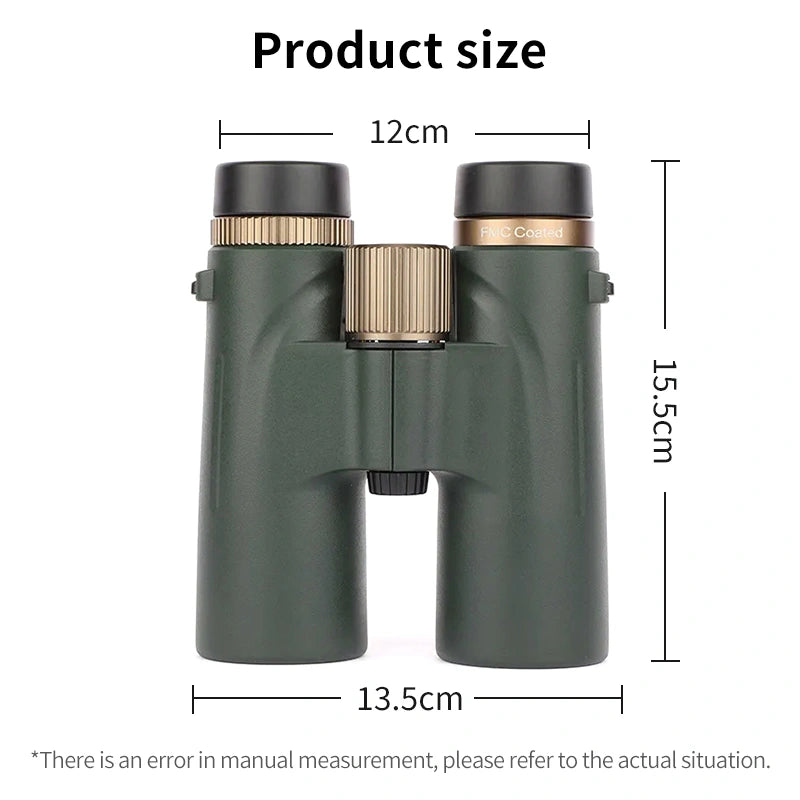 Green Optinexo Ultra Binoculars with measurement details on a white background