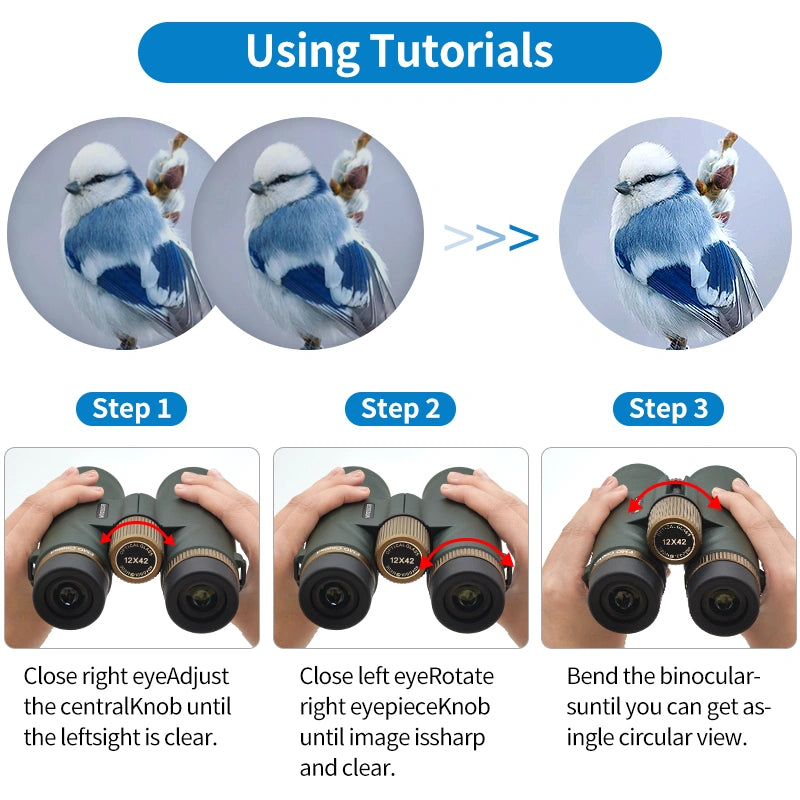Step-by-step tutorial on using Optinexo Ultra Binoculars with close-up images of a bird and instructions on adjusting the binoculars.