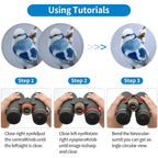 Step-by-step tutorial on using Optinexo Ultra Binoculars with close-up images of a bird and instructions on adjusting the binoculars.