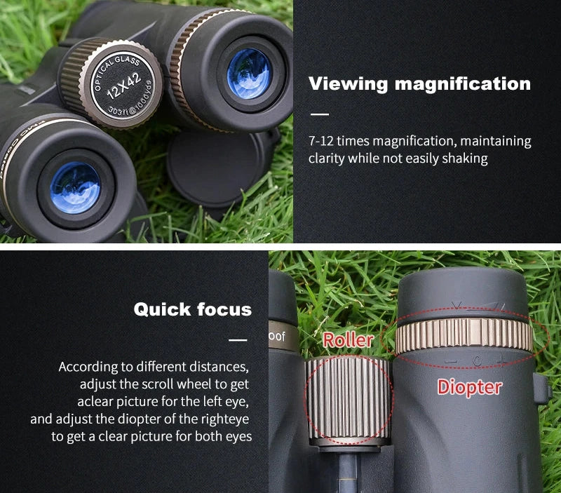 Optinexo Ultra Binoculars with close-up details on grass, highlighting viewing magnification and quick focus features.