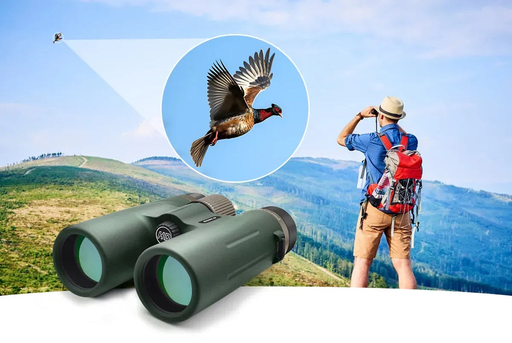 Person with Optinexo Ultra Binoculars observing a bird in a scenic outdoor setting