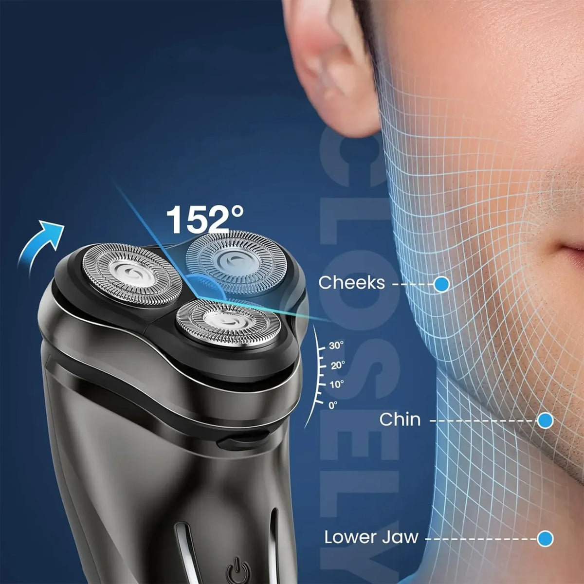 Orivana Electric Shaver with labeled parts on a blue background