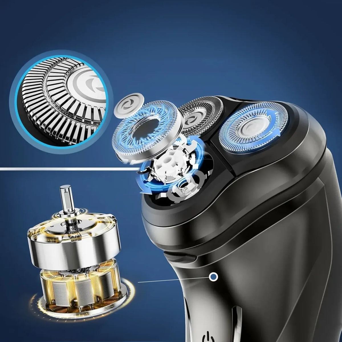 Orivana Electric Shaver with close-up details on a blue background