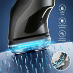Black Orivana Electric Shaver with blue light on a blue background, featuring icons for travel lock, low battery warning, and cleaning reminder.