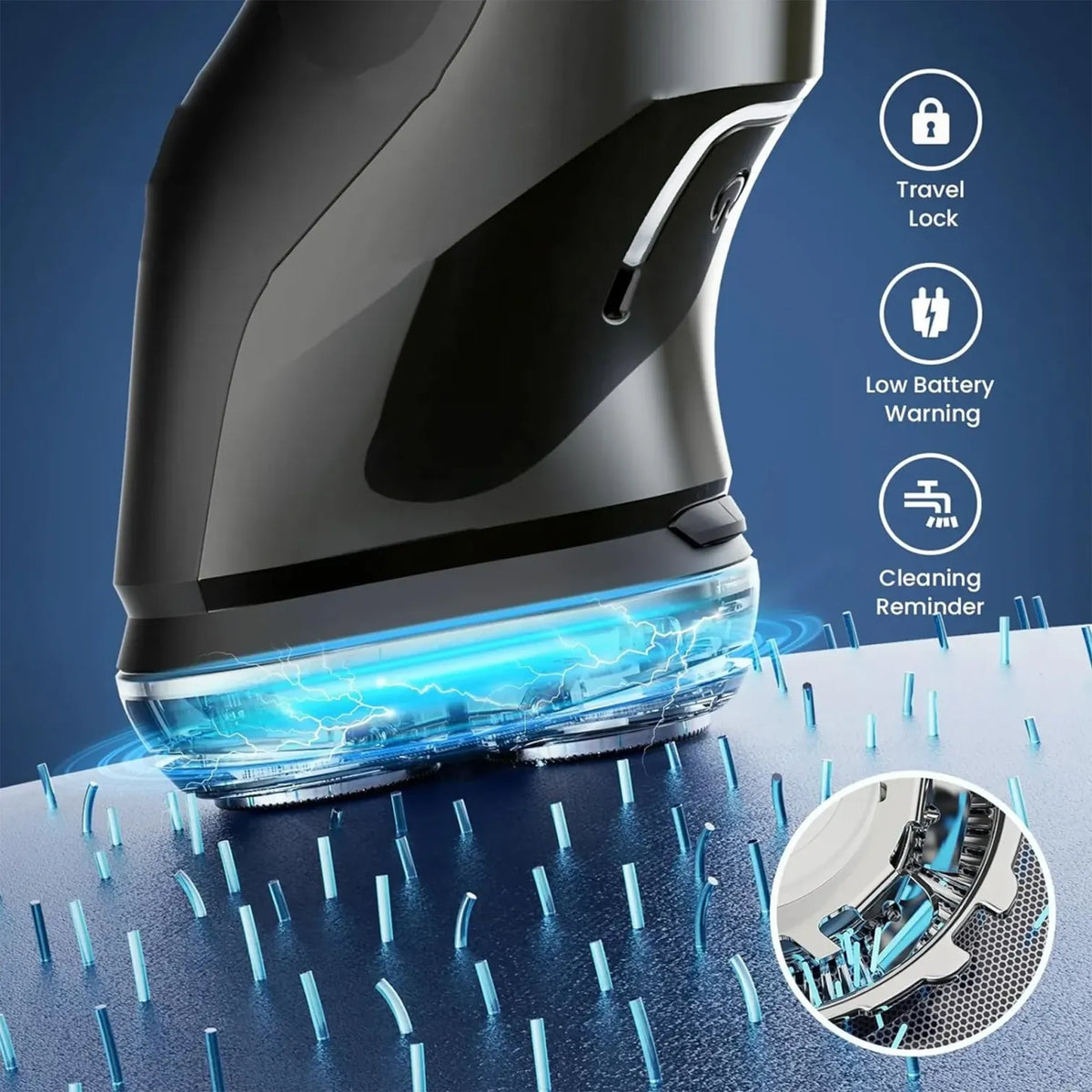 Black Orivana Electric Shaver with blue light on a blue background, featuring icons for travel lock, low battery warning, and cleaning reminder.