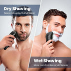 Two men using Orivana Electric Shaver for dry and wet shaving, with text indicating benefits.