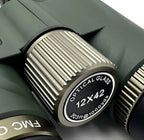 Close-up of a 12x42 Nodea Orizon Binoculars lens with 'FMC' branding on a white background.