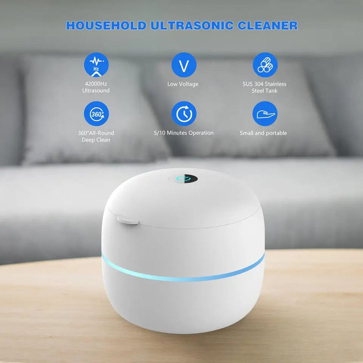Household OsicClear Ultrasonic Retainer Cleaner on a wooden surface with features listed above it.