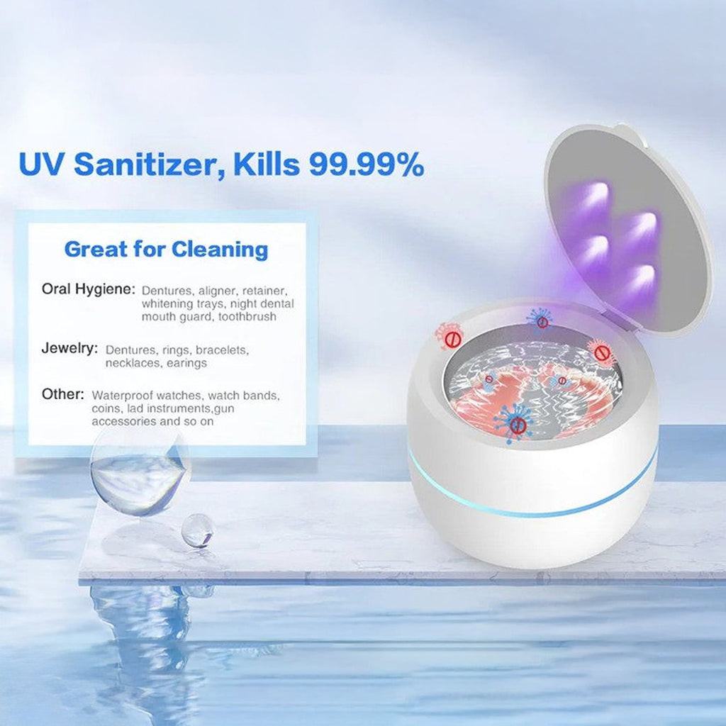 UV Sanitizer OsicClear Ultrasonic Retainer Cleaner with LED lights on a blue gradient background