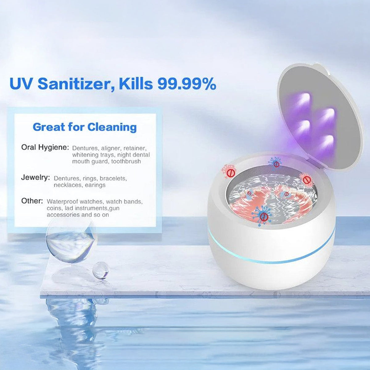 UV Sanitizer OsicClear Ultrasonic Retainer Cleaner with LED lights on a blue gradient background
