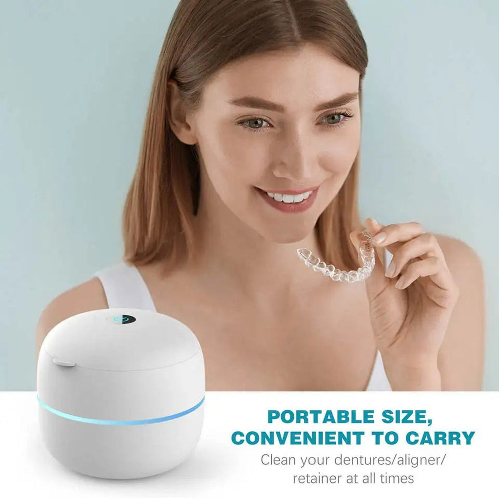 Woman holding a clear OsicClear Ultrasonic Retainer Cleaner with a white container on a light blue background