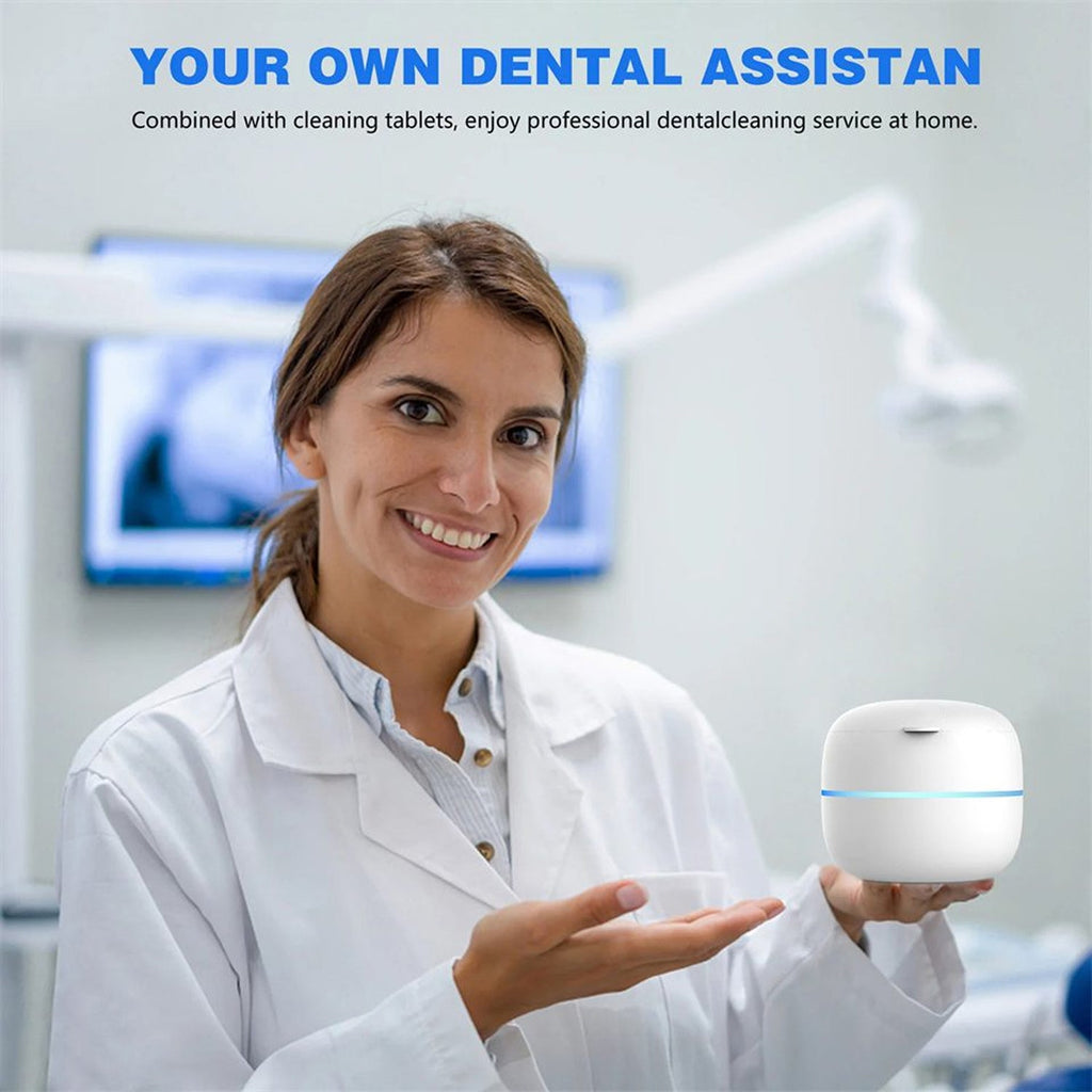 Woman in a lab coat holding a small device with text about dental assistance.