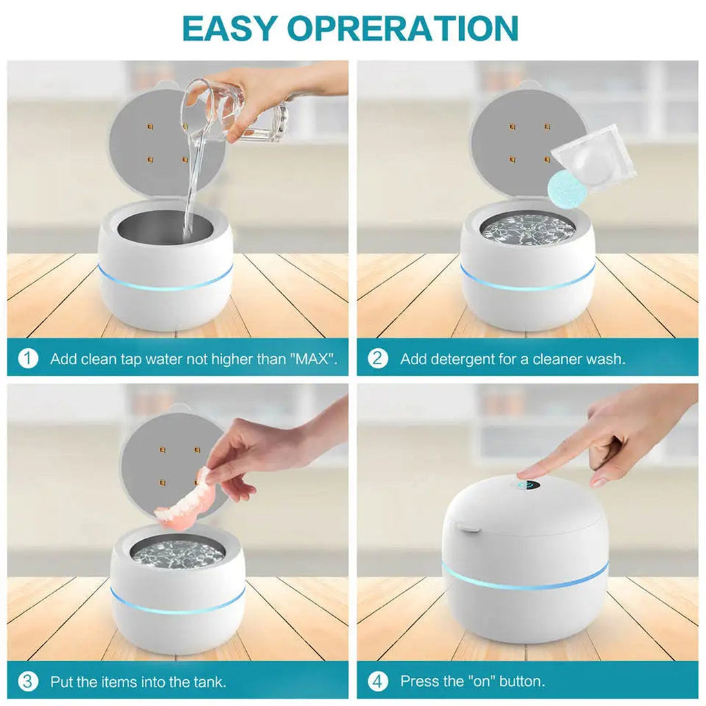 Step-by-step guide on using a cleaning OsicClear Ultrasonic Retainer Cleaner with images of water being added, detergent added, items being put into the tank, and the device being turned on.