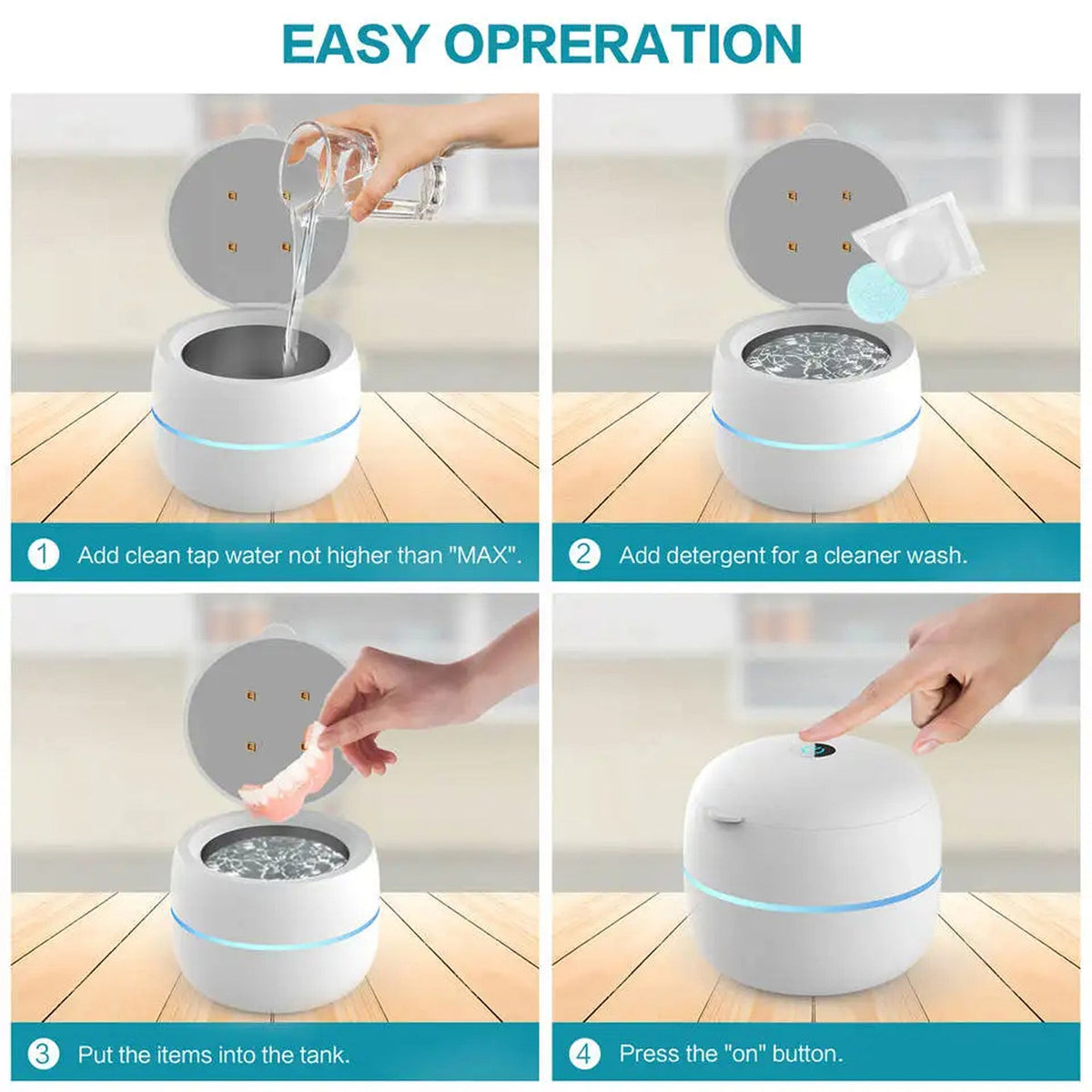 Step-by-step guide on using a cleaning OsicClear Ultrasonic Retainer Cleaner with images of water being added, detergent added, items being put into the tank, and the device being turned on.