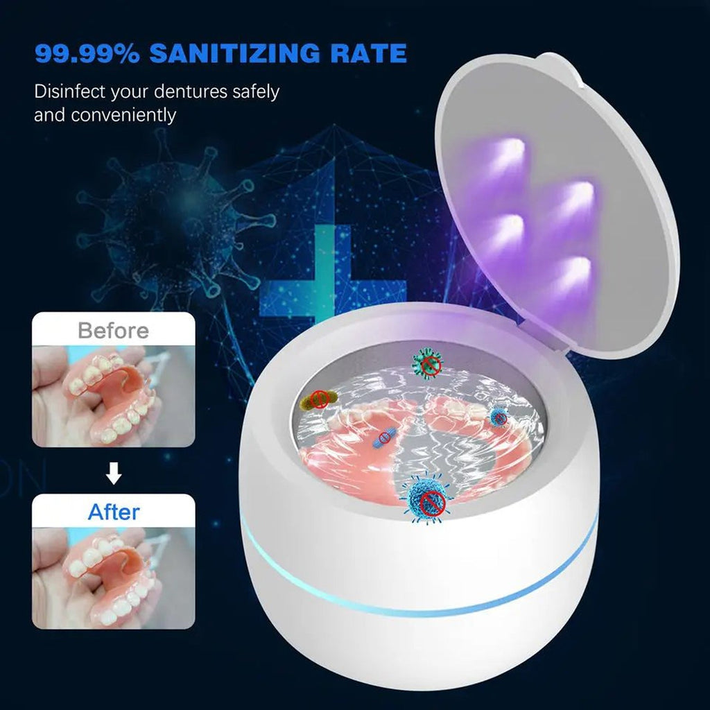 Dental OsicClear Ultrasonic Retainer Cleaner with UV light for sanitizing dentures, showing before and after effects.