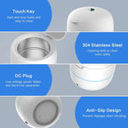 OsicClear Ultrasonic Retainer Cleaner features including touch key, 304 stainless steel, DC plug, and anti-slip design on a gray background.