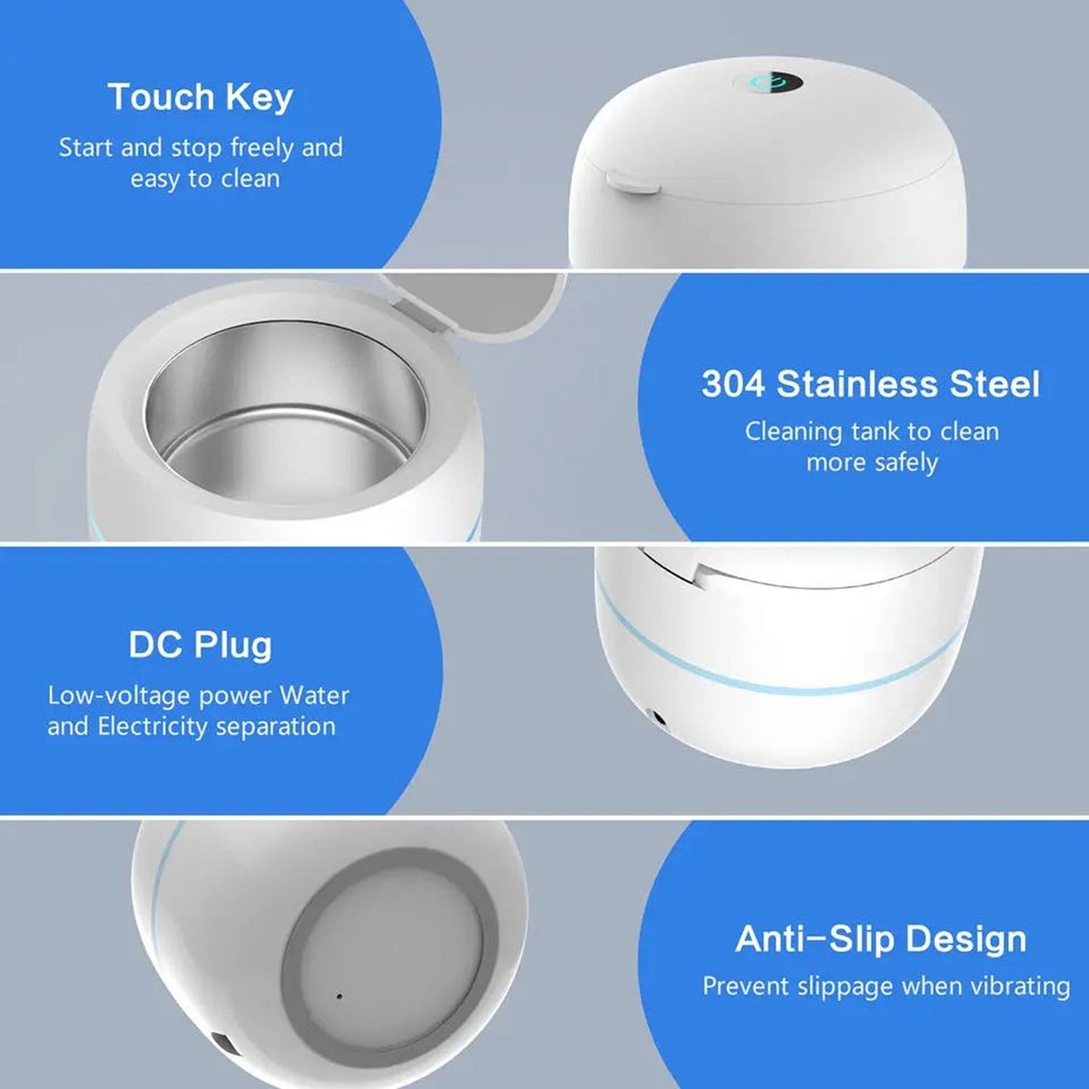 OsicClear Ultrasonic Retainer Cleaner features including touch key, 304 stainless steel, DC plug, and anti-slip design on a gray background.