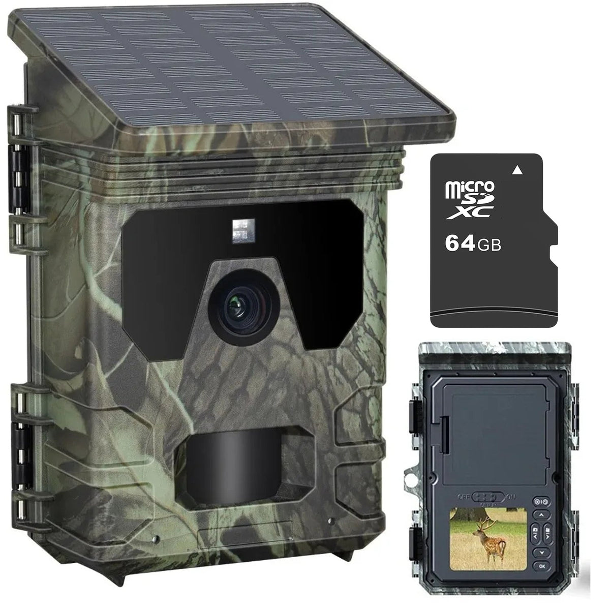 PawnixCam Solar Wildlife Camera with a 64GB microSD card on a white background