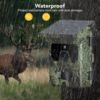 PawnixCam Solar Wildlife Camera with waterproof feature, surrounded by a deer in a natural setting.