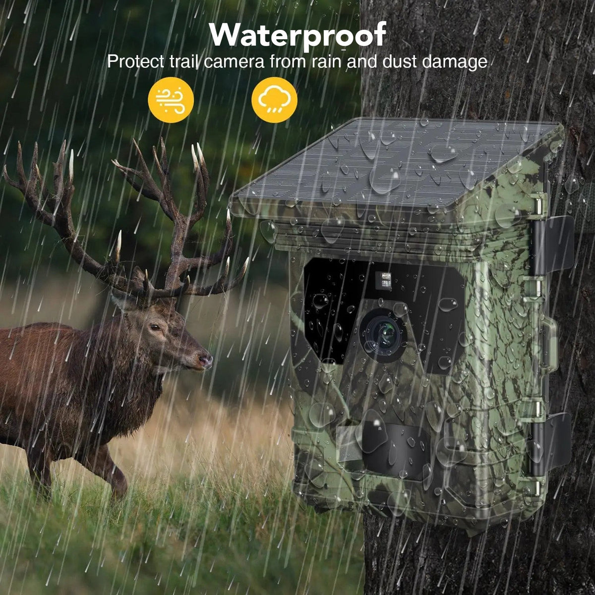 PawnixCam Solar Wildlife Camera with waterproof feature, surrounded by a deer in a natural setting.