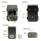 Diagram showing the front, back, inside, and bottom views of a PawnixCam Solar Wildlife Camera with labeled parts.
