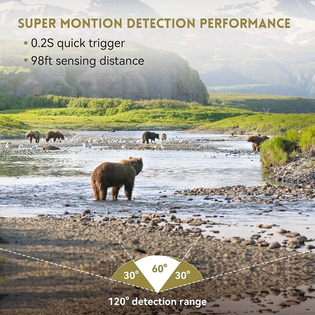 Bears near a river with text about Super Montion detection performance.