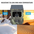 PawnixCam Solar Wildlife Camera with temperature resistance features displayed on a snowy and desert background.