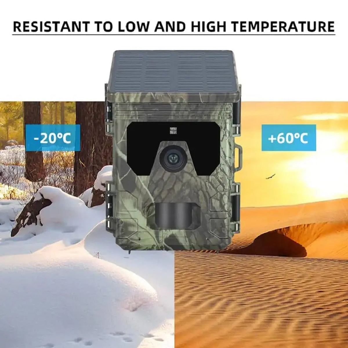 PawnixCam Solar Wildlife Camera with temperature resistance features displayed on a snowy and desert background.