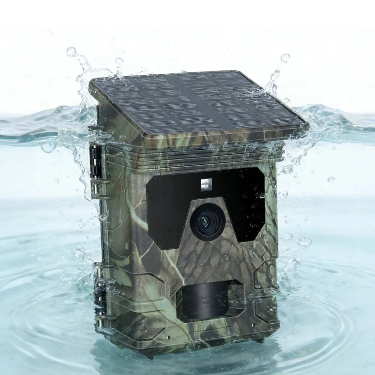 A waterproof PawnixCam Solar Wildlife Camera with a built-in solar panel on top, shown partially submerged in splashing water.