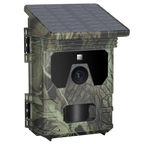 Camouflage-patterned PawnixCam Solar Wildlife Camera with solar panel on a white background