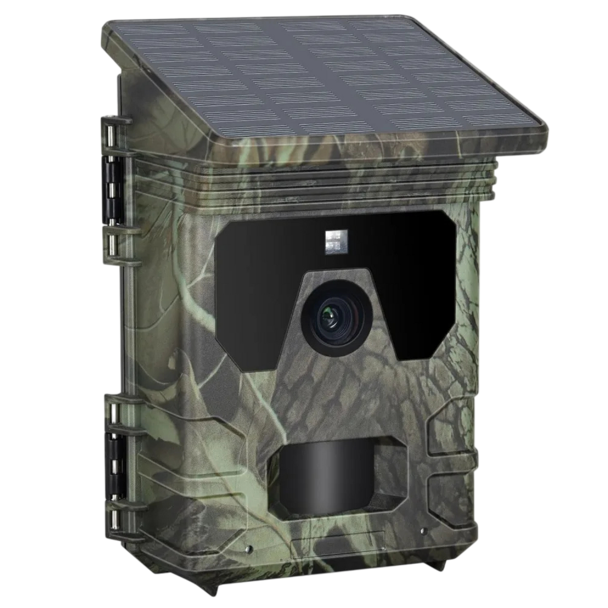 Camouflage-patterned PawnixCam Solar Wildlife Camera with solar panel on a white background