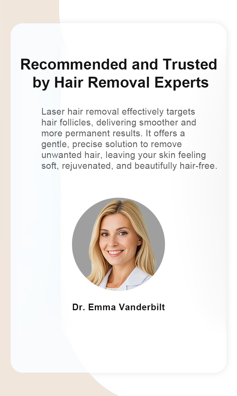 Advertisement for laser hair removal with a photo of a woman and text about the benefits, on a light beige background.