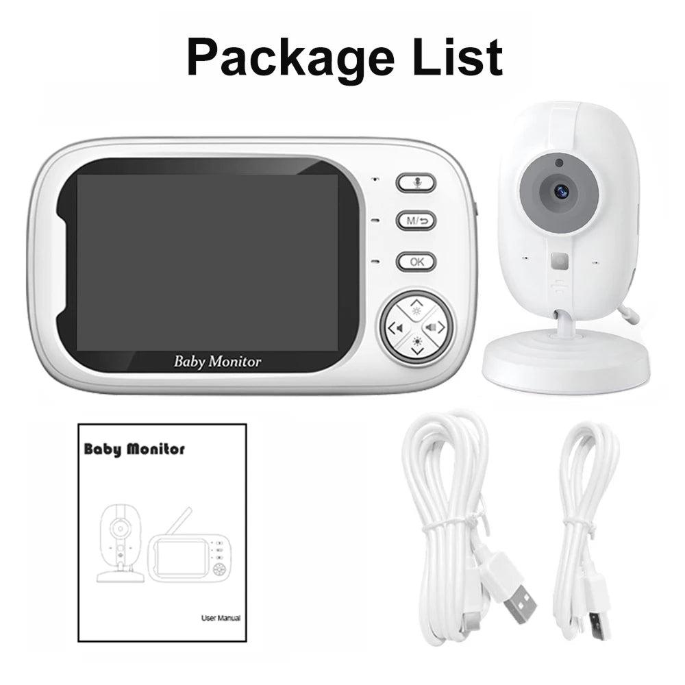 PoiseFin Wireless Video Baby Monitor package with display, camera, cables, and manual on a white background