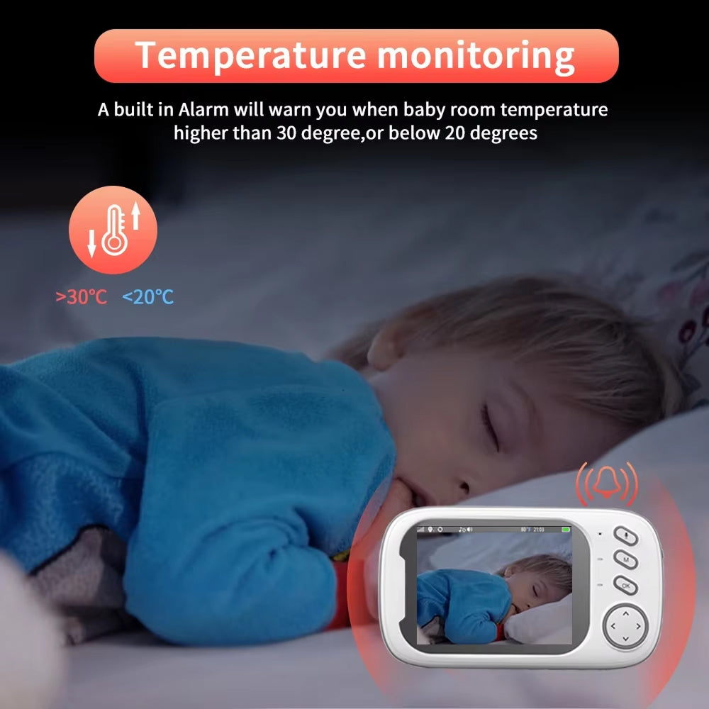 Baby sleeping with a temperature PoiseFin Wireless Video Baby Monitor displaying a child's face on screen, emphasizing temperature monitoring feature.