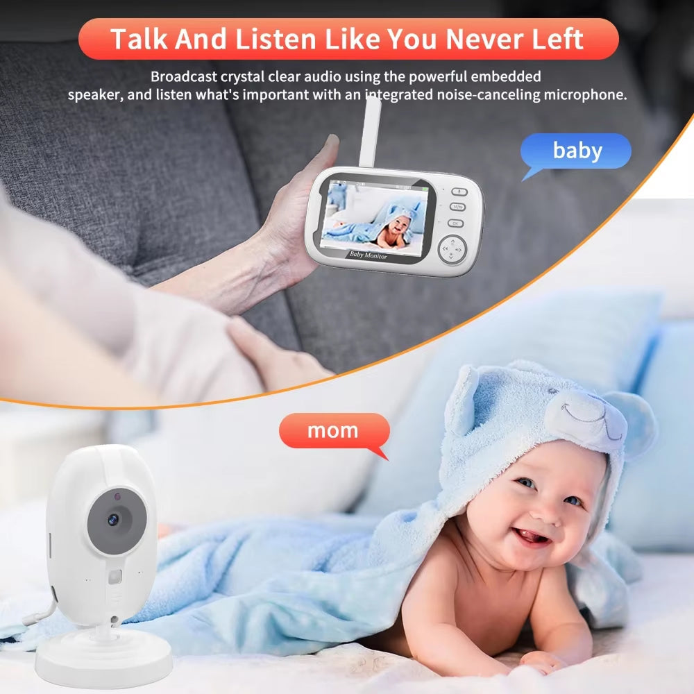 PoiseFin Wireless Video Baby Monitor with a baby lying on a bed, surrounded by text about its features.