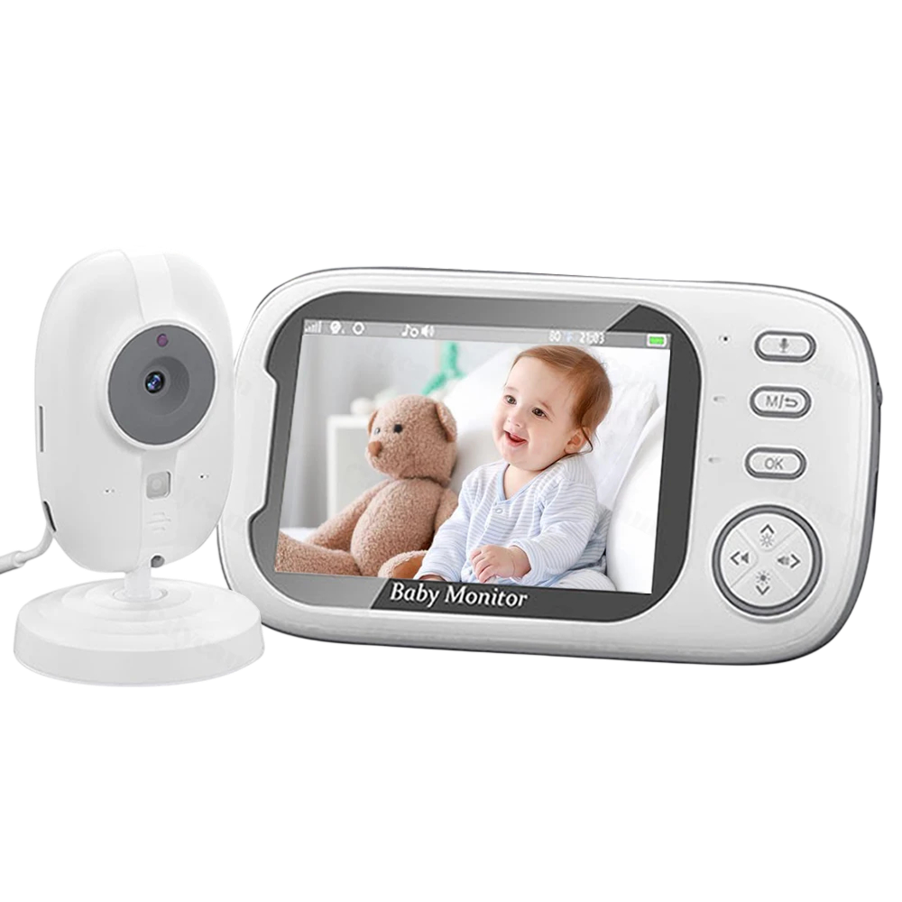 A white PoiseFin Wireless Video Baby Monitor set with a handheld screen showing a baby photo and a separate mounted camera on a plain white background.