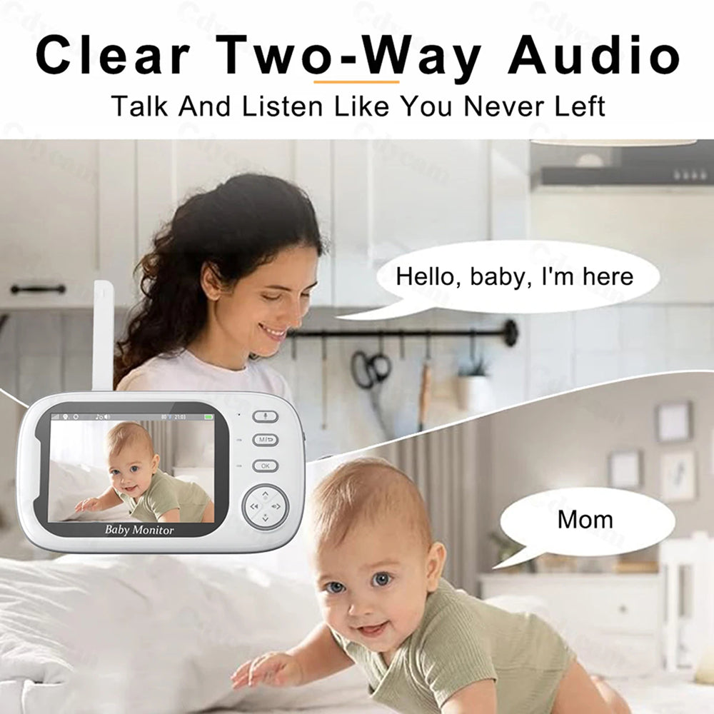 PoiseFin Wireless Video Baby Monitor with a woman and baby in a room, emphasizing clear two-way audio.