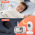 Baby sleeping with a PoiseFin Wireless Video Baby Monitor showing day and night views.